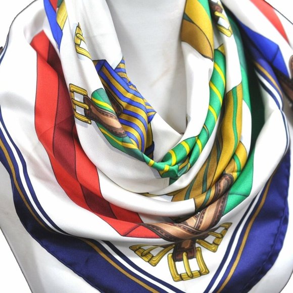 Authentic HERMES Carre 90 Scarf Suspenders Motif Silk Blue - Picture 2 of 14